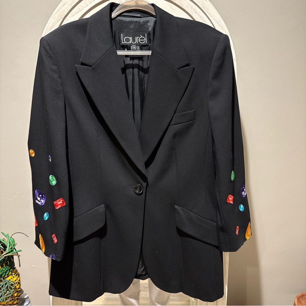 Vintage Laurel Escada Black Wool Blazer with Gemstone Embroidery